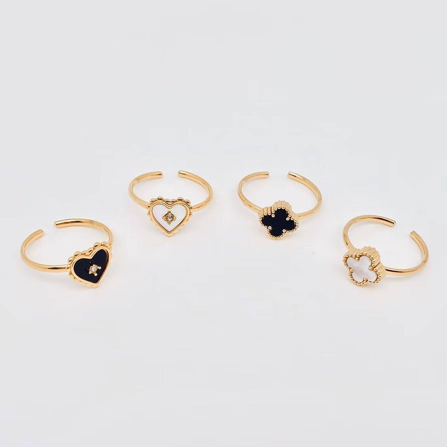 Heart Shaped & Clover 18K Gold Plated Ring - FGS: White four-leaf clover