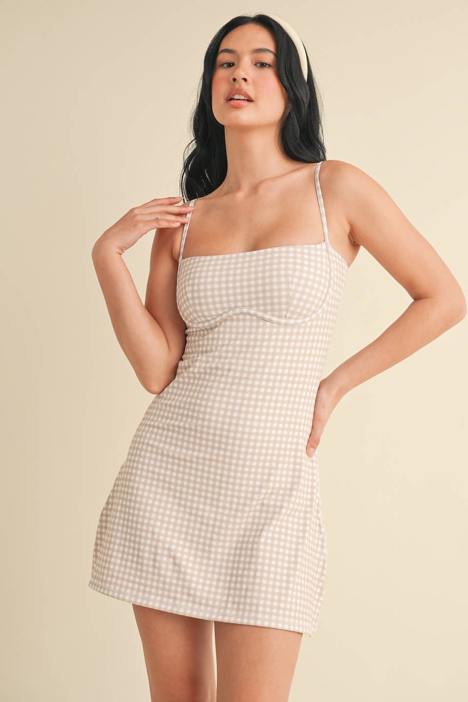 Sweetheart Beige Checkered Dress