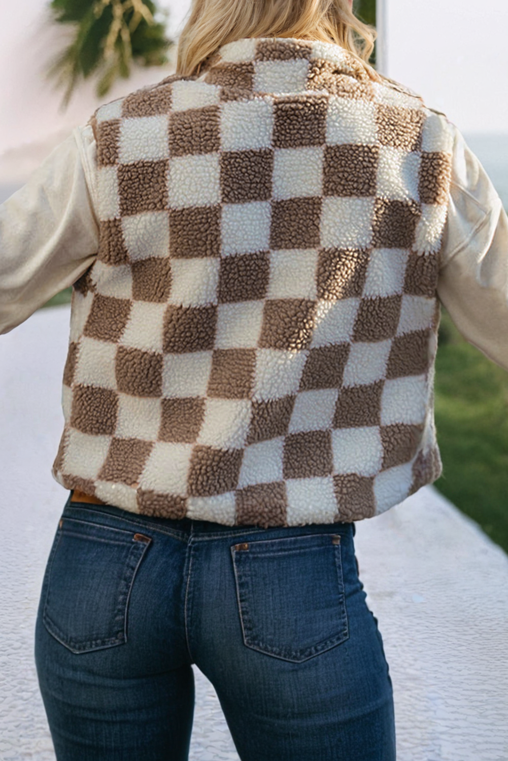 LDC Checked Snap Button Sherpa Jacket: Khaki Vest / XL
