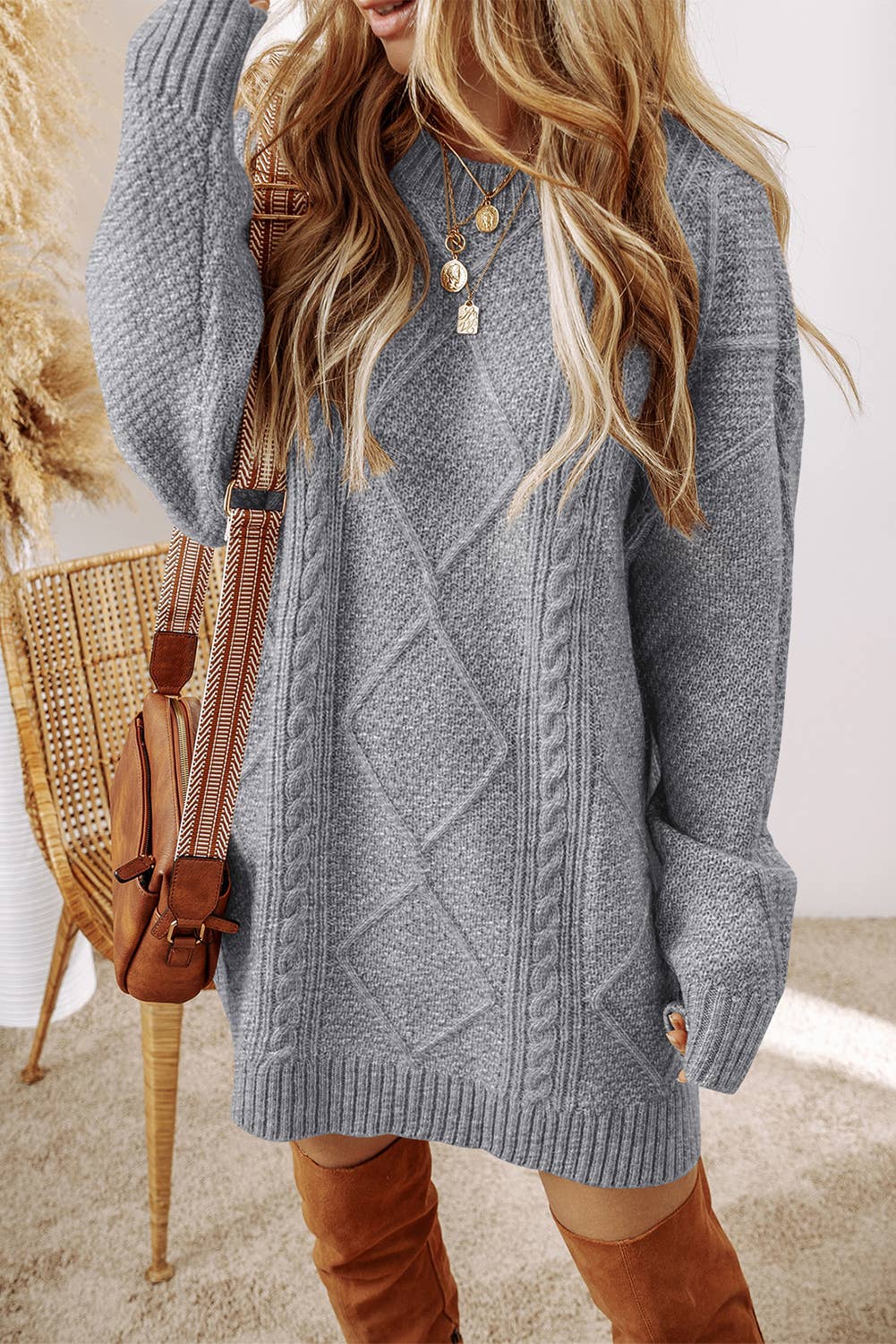 LDC Cable Knit Drop Shoulder Loose Fit Sweater Dress: Parchment / M