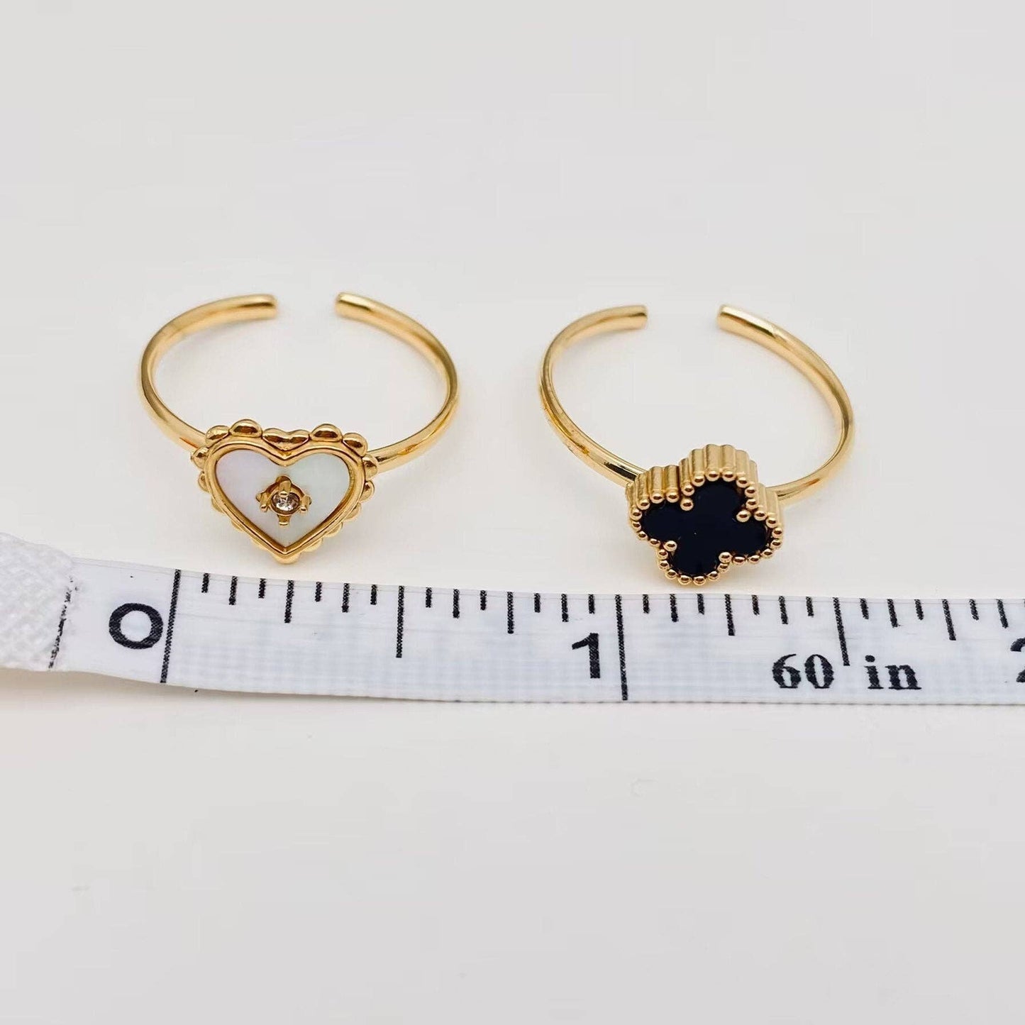 Heart Shaped & Clover 18K Gold Plated Ring - FGS: White four-leaf clover