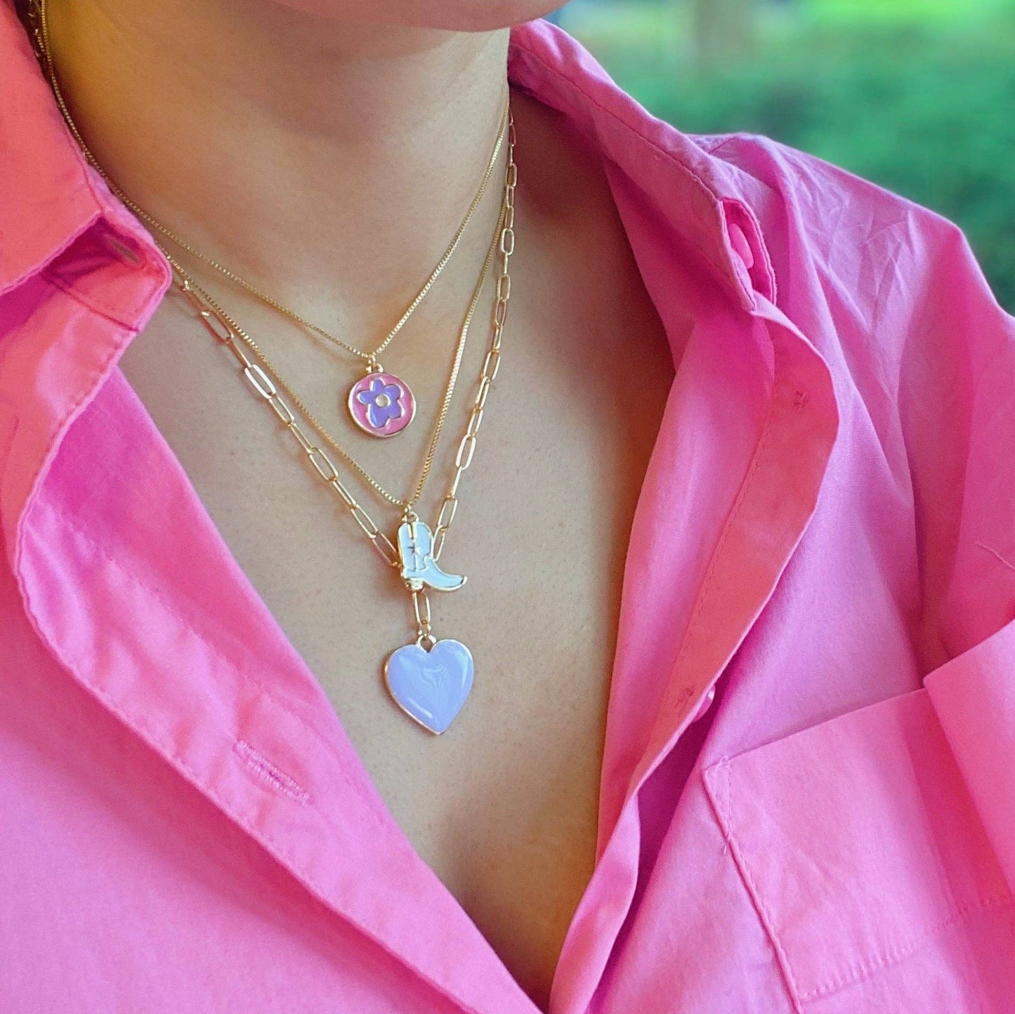 Cow Girl Boot Pendant Necklace: Pink
