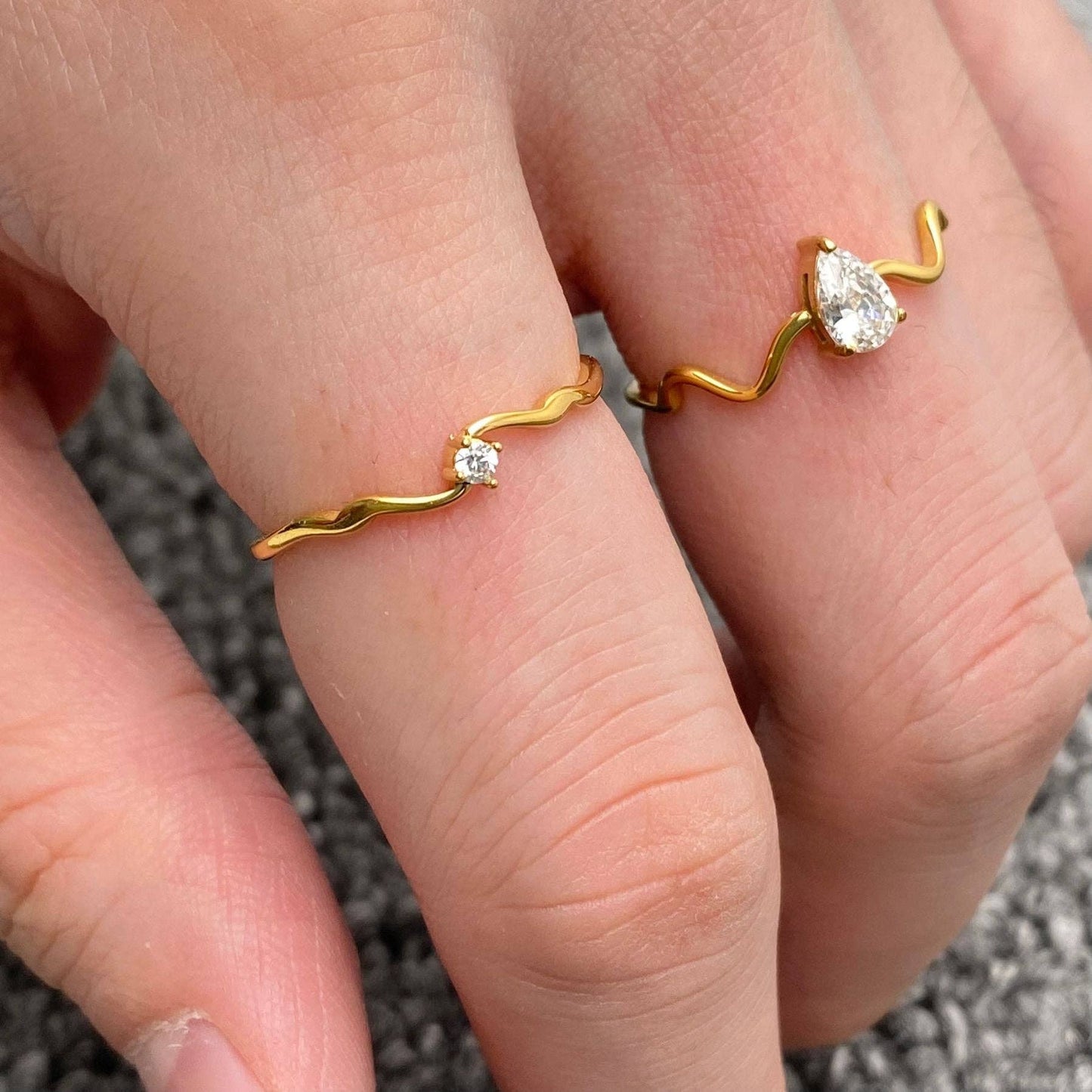 Inlaid Zircon 18K Gold Plated Stainless Steel Wavy Ring -FGS: Style A / 8