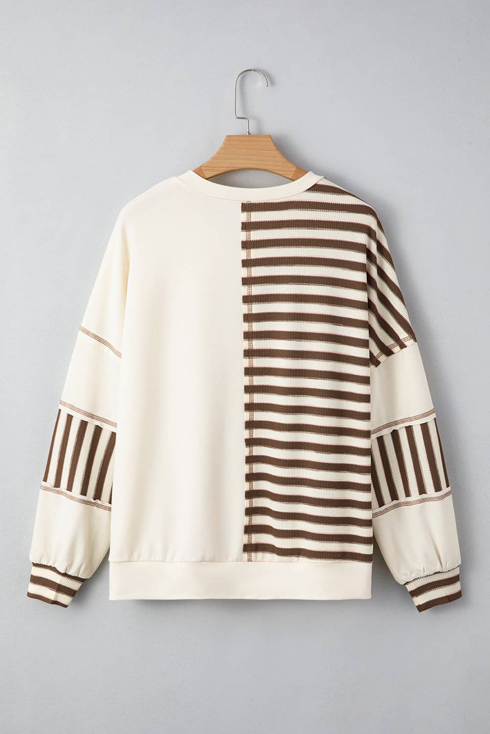 LDC Stripe Stitched Detail Patchwork Oversized Pullover Top: Khaki / M