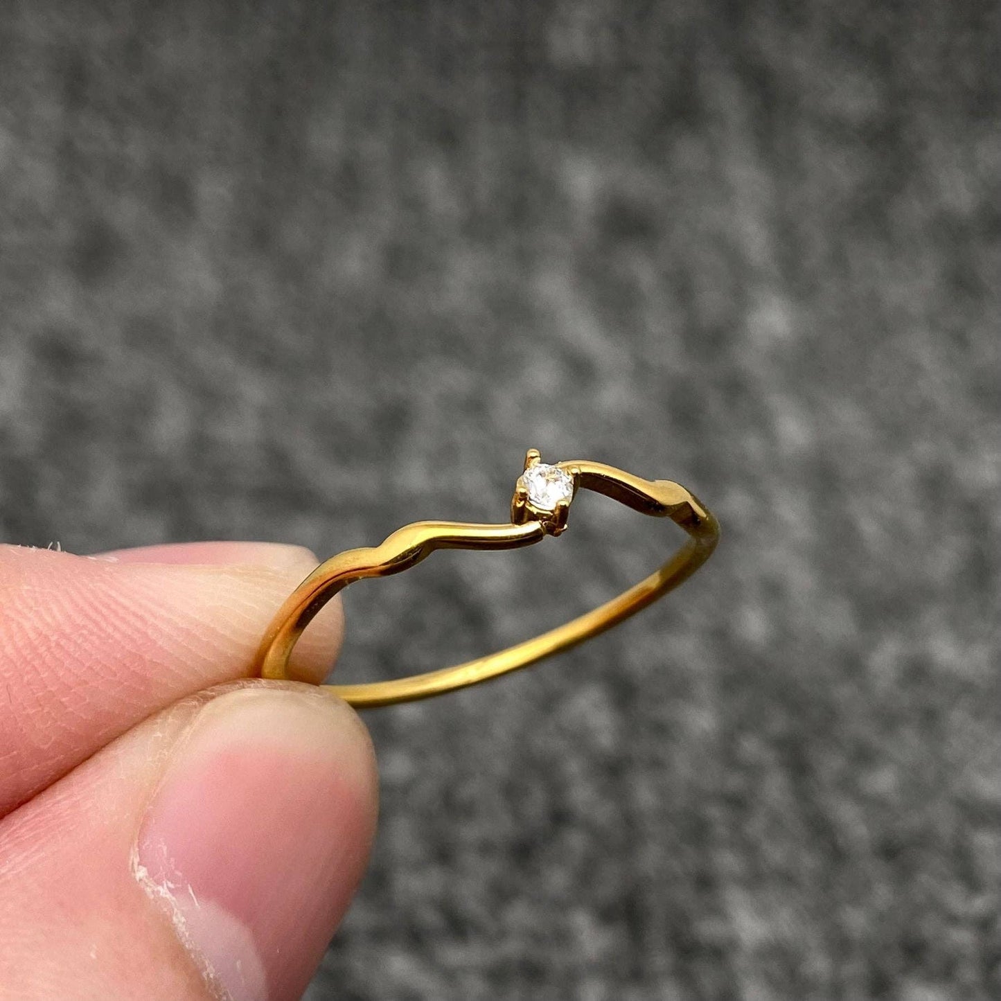 Inlaid Zircon 18K Gold Plated Stainless Steel Wavy Ring -FGS: Style A / 8