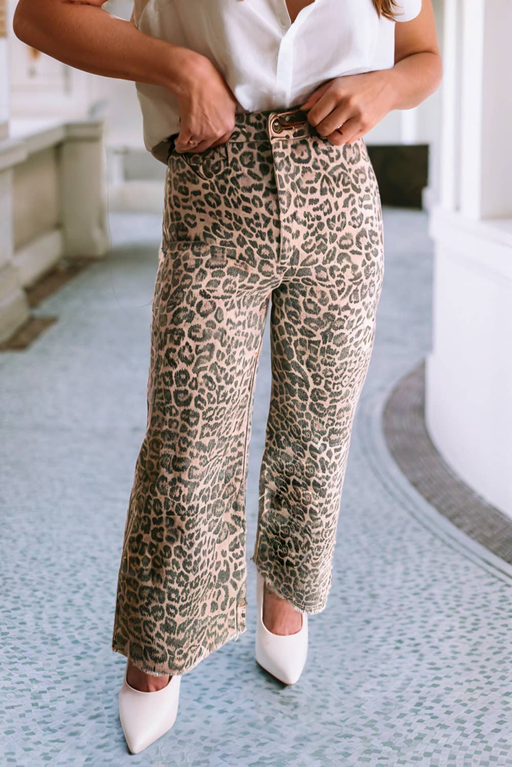 LDC Leopard Frayed Edge Wide Leg High Waist Jeans: Brown / 4
