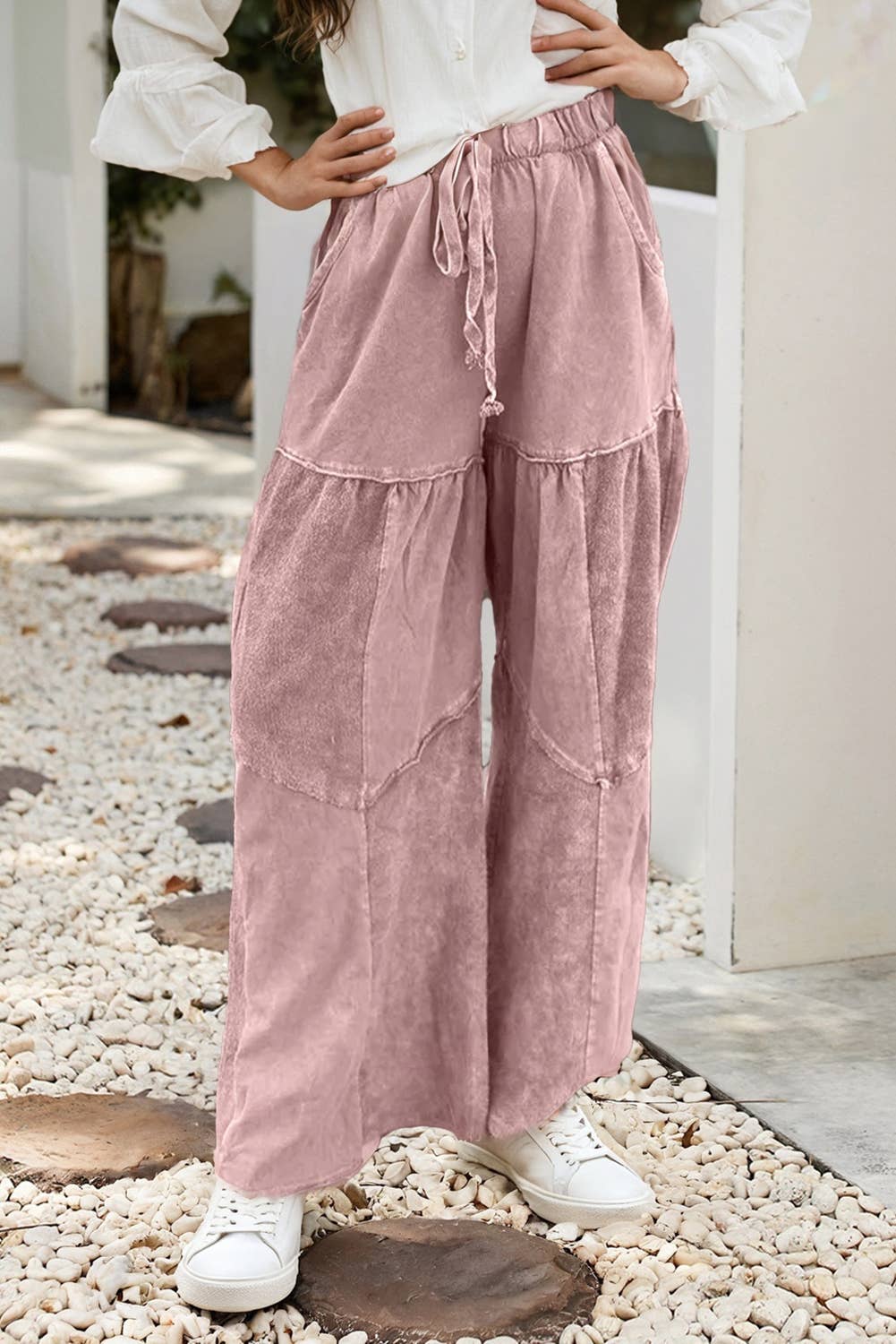 LDC Mineral Wash Tiered Wide Leg Patchwork Drawstring Pants: As Shown / L