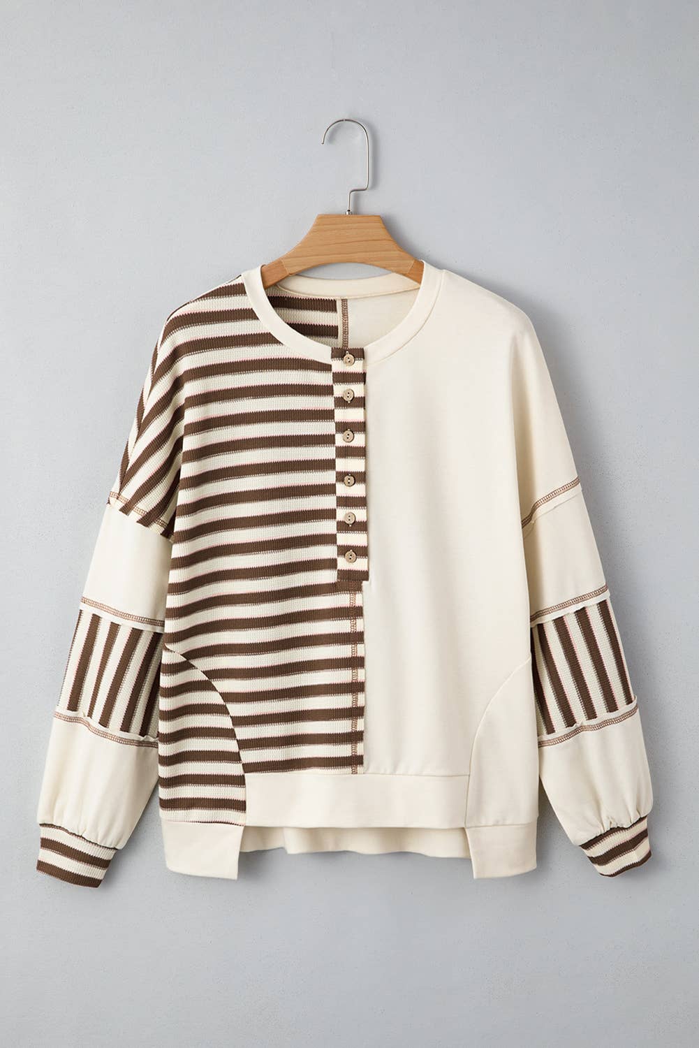 LDC Stripe Stitched Detail Patchwork Oversized Pullover Top: Khaki / S