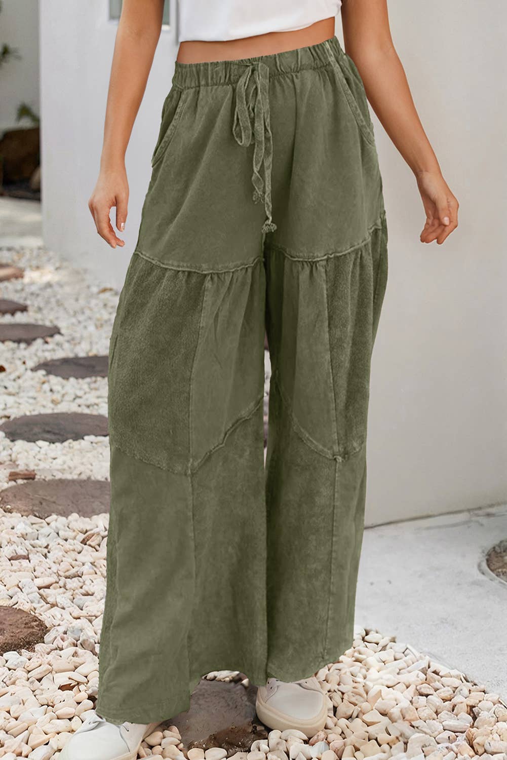 LDC Mineral Wash Tiered Wide Leg Patchwork Drawstring Pants: As Shown / M