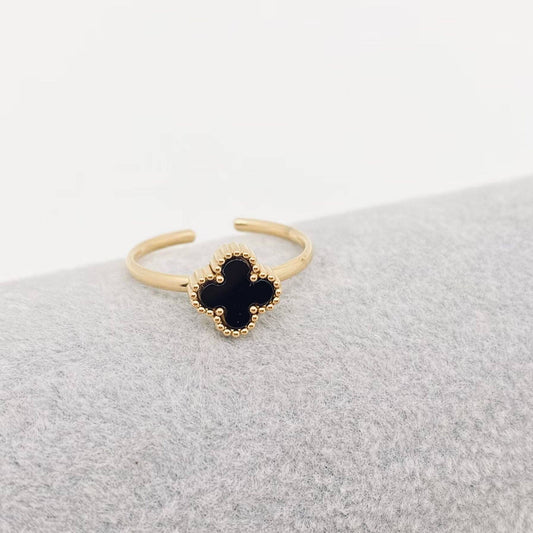Heart Shaped & Clover 18K Gold Plated Ring - FGS: Black four-leaf clover