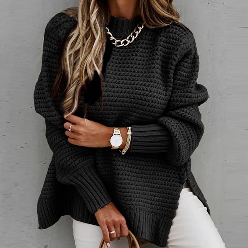 Chunky knit side split  plain knit sweater jumper: Beige / S