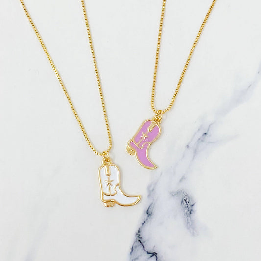 Cow Girl Boot Pendant Necklace: White