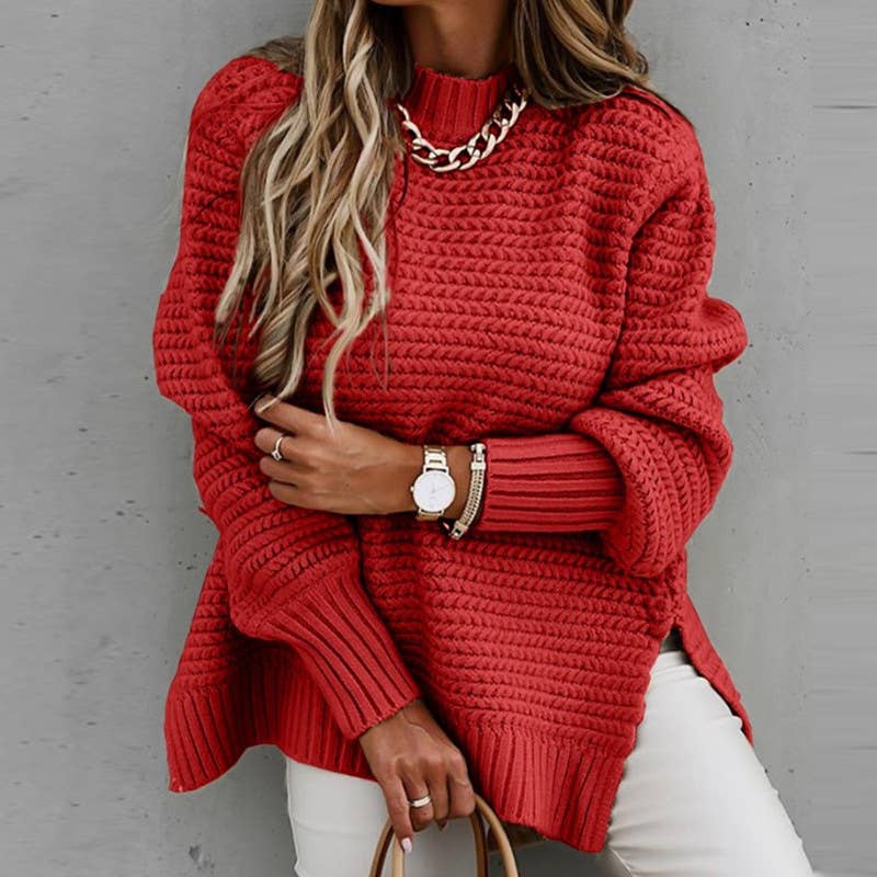 Chunky knit side split  plain knit sweater jumper: Beige / M