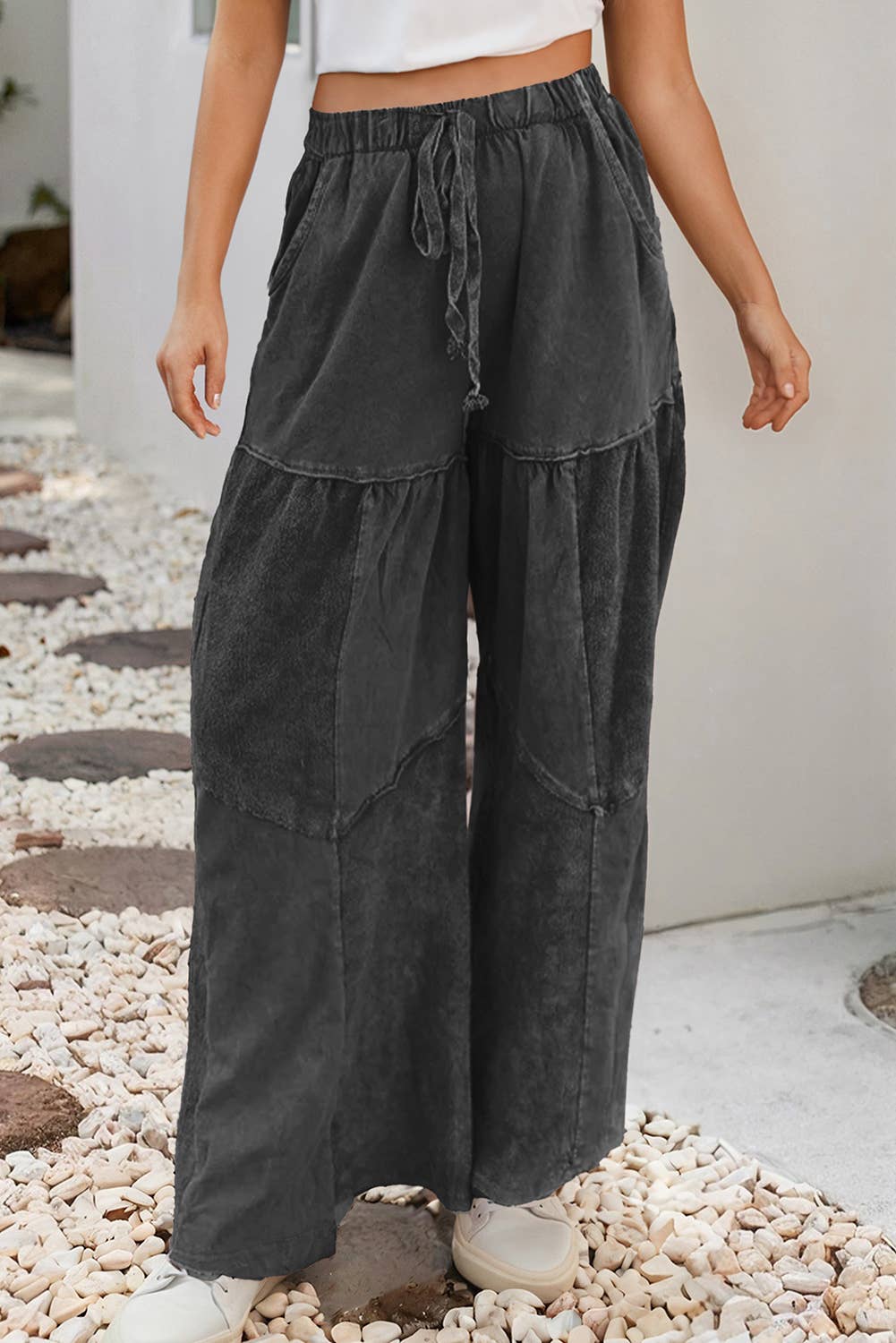 LDC Mineral Wash Tiered Wide Leg Patchwork Drawstring Pants: As Shown / M