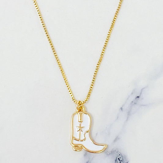 Cow Girl Boot Pendant Necklace: White