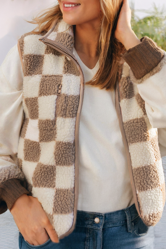 LDC Checked Snap Button Sherpa Jacket: Khaki Vest / L