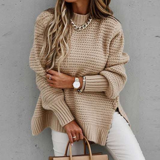 Chunky knit side split  plain knit sweater jumper: Beige / L