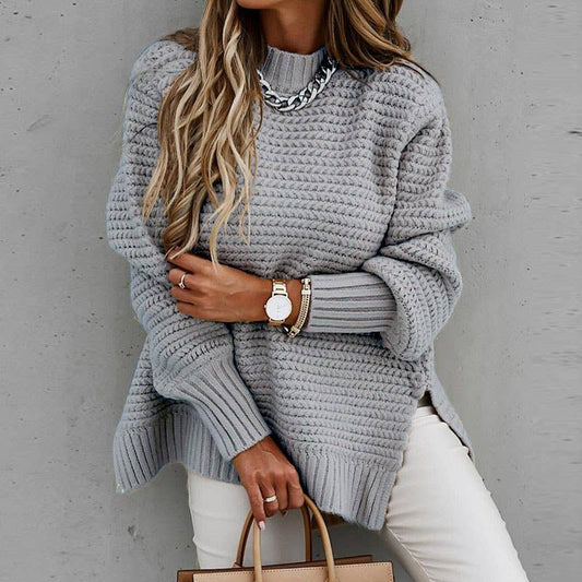 Chunky knit side split  plain knit sweater jumper: Beige / L