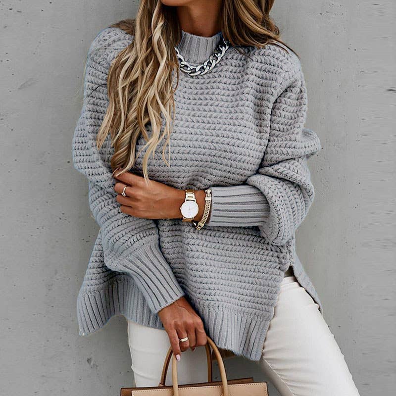 Chunky knit side split  plain knit sweater jumper: Beige / M