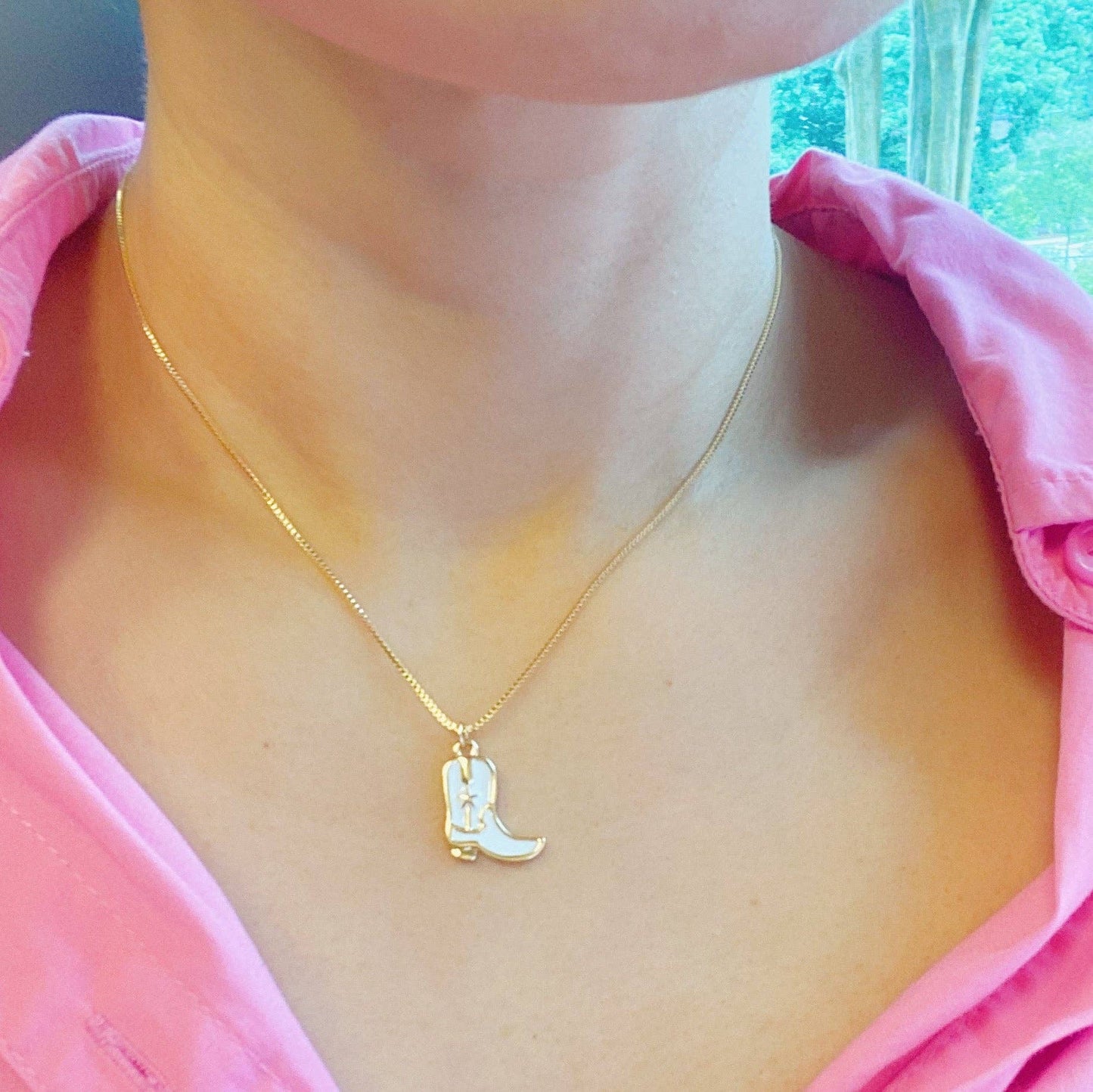 Cow Girl Boot Pendant Necklace: Pink