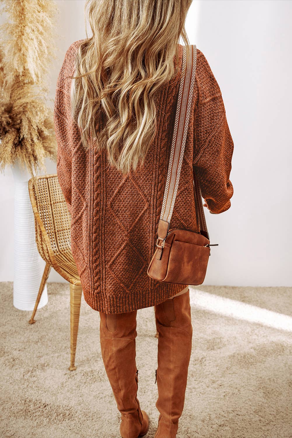 LDC Cable Knit Drop Shoulder Loose Fit Sweater Dress: Parchment / XL