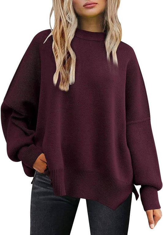 Crewneck Batwing Sleeve Chunky Sweaters 17 Colors: WineRed / M