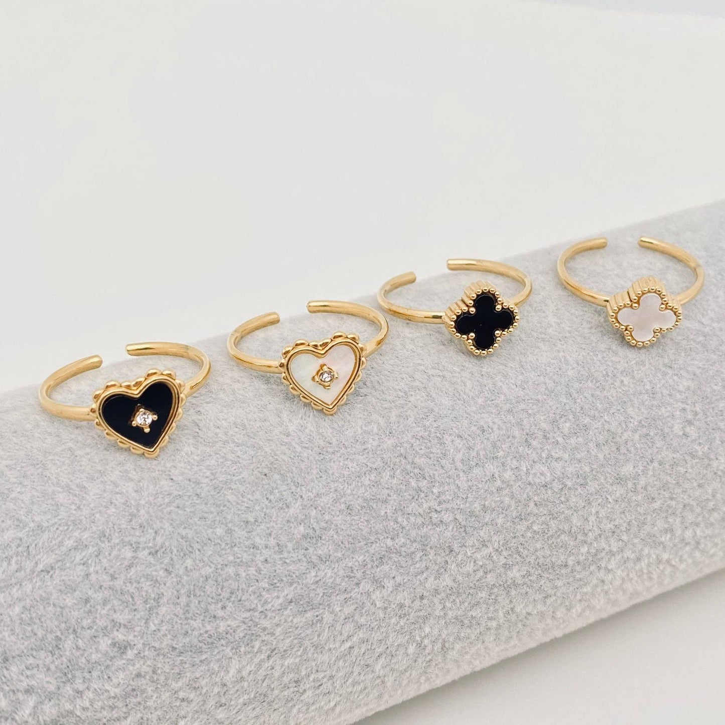 Heart Shaped & Clover 18K Gold Plated Ring - FGS: White four-leaf clover