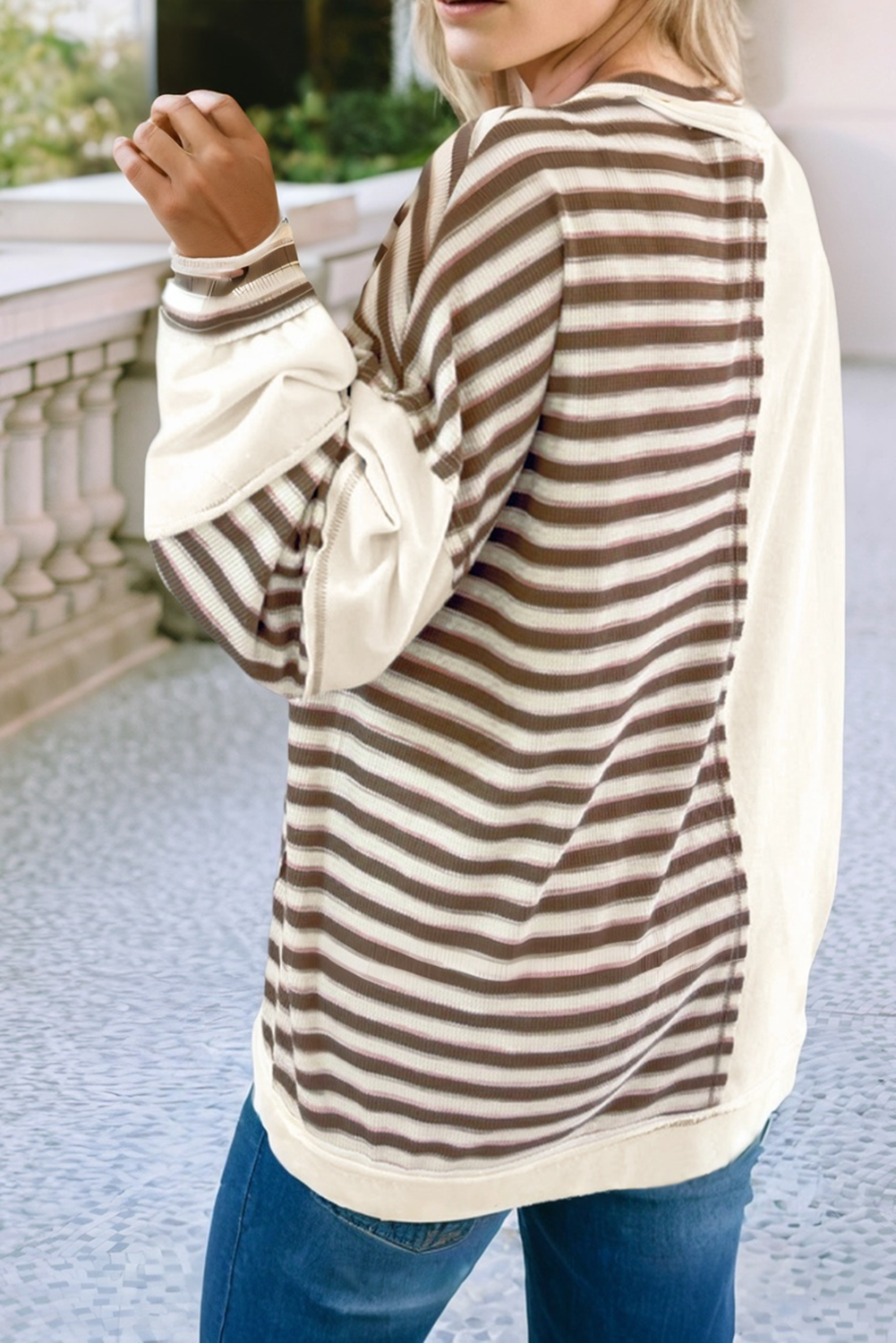 LDC Stripe Stitched Detail Patchwork Oversized Pullover Top: Khaki / S