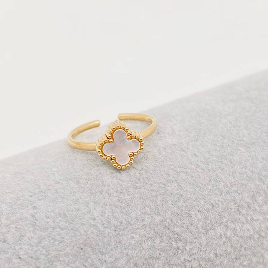Heart Shaped & Clover 18K Gold Plated Ring - FGS: White four-leaf clover