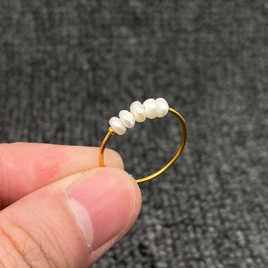 Pearl Beaded 18K Gold Plated Stainless Steel Fine Ring - FGS: 7