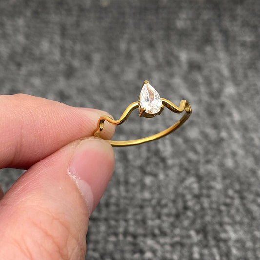 Inlaid Zircon 18K Gold Plated Stainless Steel Wavy Ring -FGS: Style A / 8