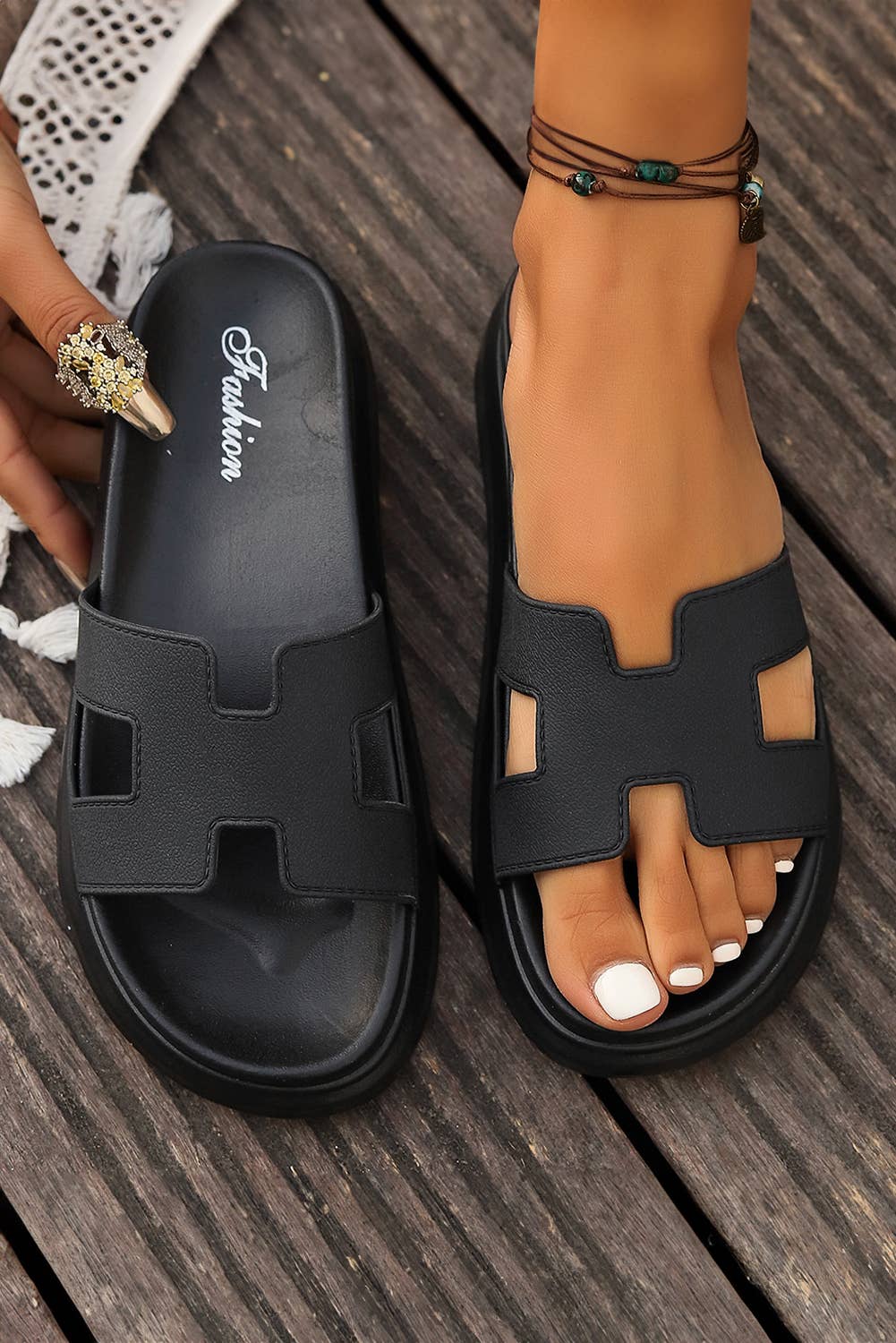 LDC Cutout Design Open Toe Platform Slippers: Black / (US 7)38