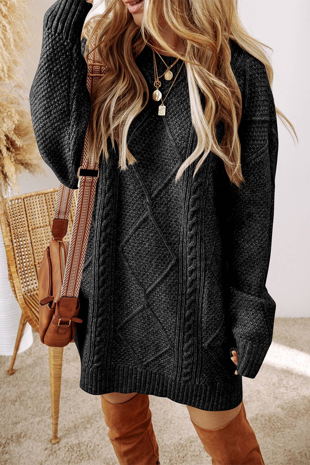 LDC Cable Knit Drop Shoulder Loose Fit Sweater Dress: Parchment / M