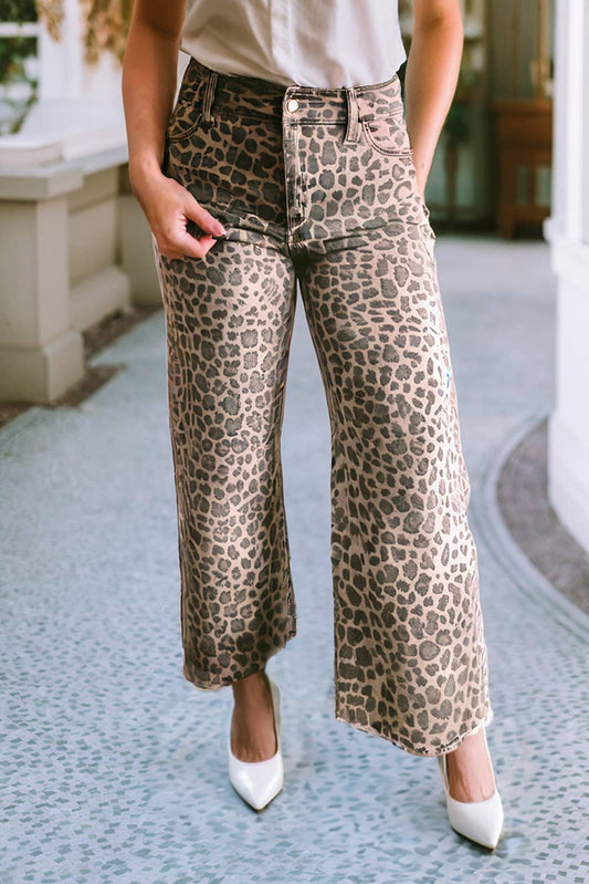 LDC Leopard Frayed Edge Wide Leg High Waist Jeans: Brown / 6