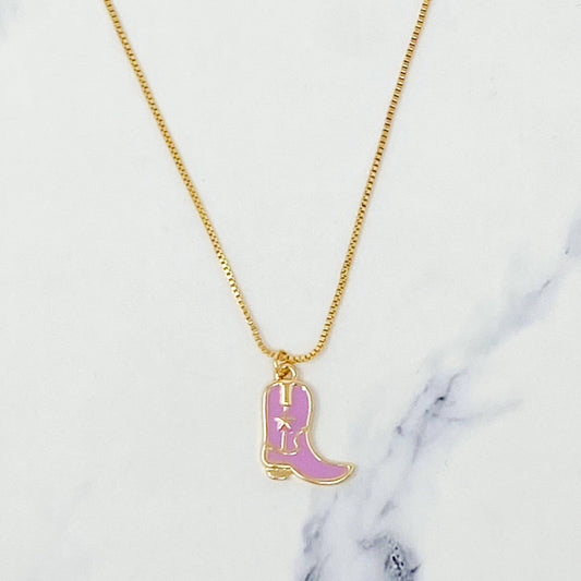Cow Girl Boot Pendant Necklace: Pink