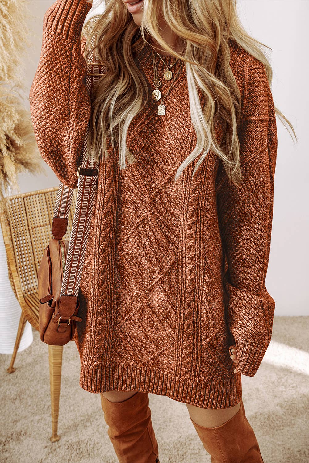 LDC Cable Knit Drop Shoulder Loose Fit Sweater Dress: Parchment / M