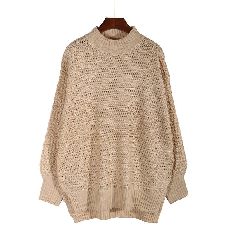 Chunky knit side split  plain knit sweater jumper: Beige / S