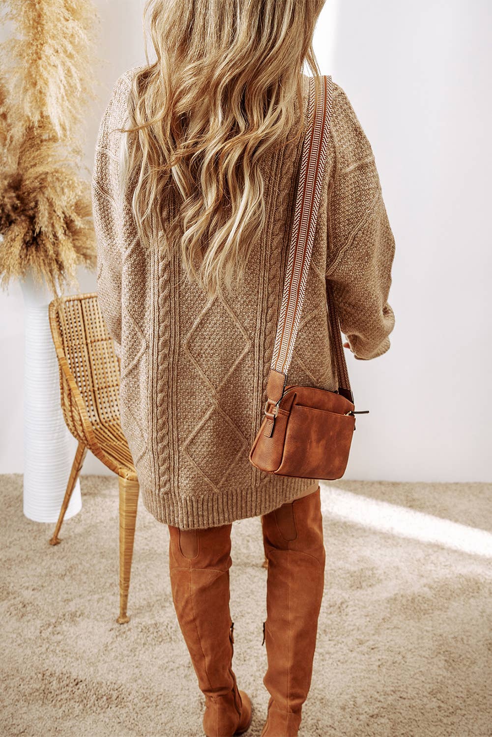 LDC Cable Knit Drop Shoulder Loose Fit Sweater Dress: Parchment / XL