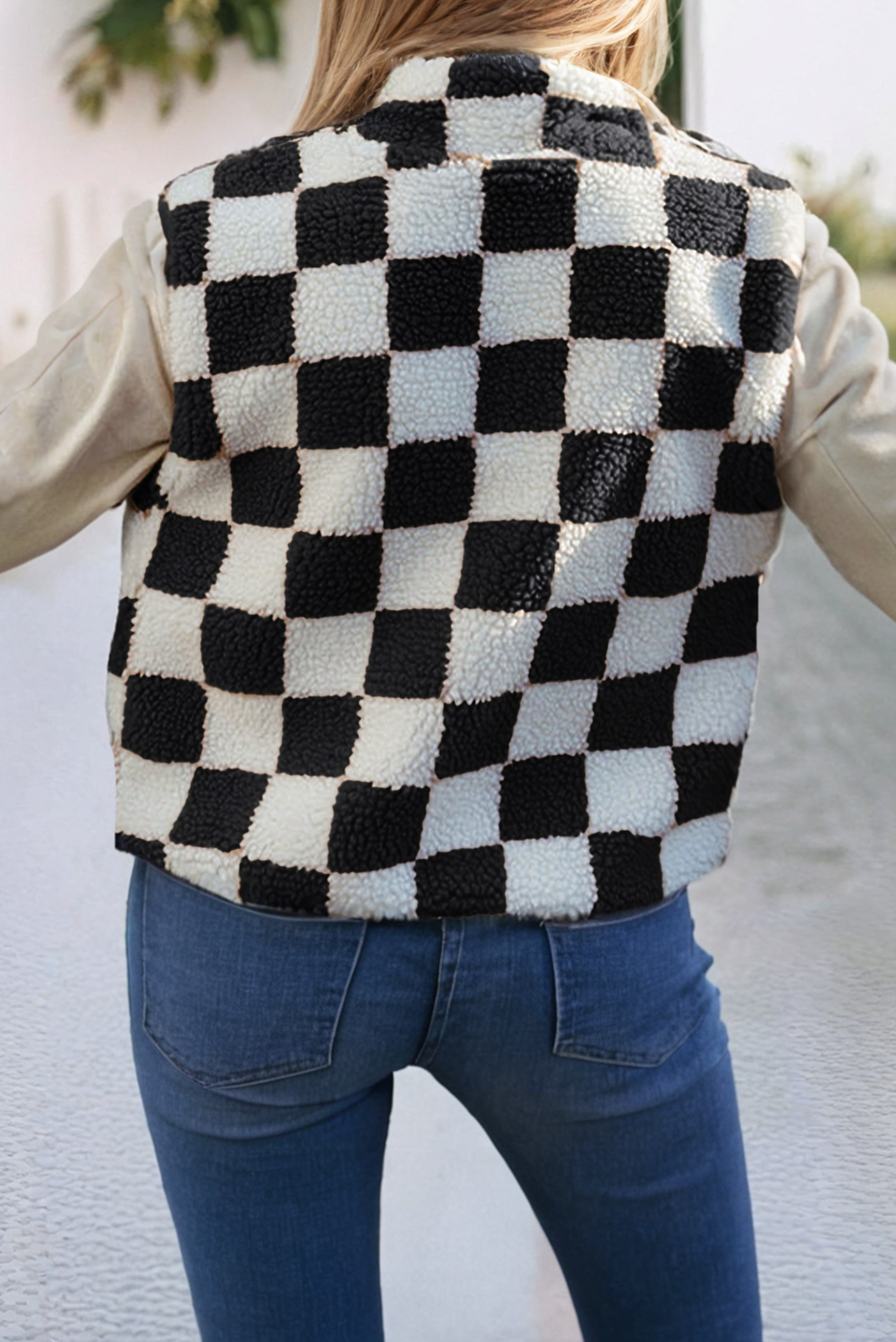LDC Checked Snap Button Sherpa Jacket: Khaki Vest / M