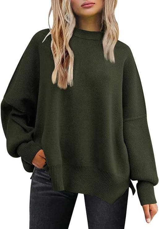 Crewneck Batwing Sleeve Chunky Sweaters 17 Colors: Brown / XL