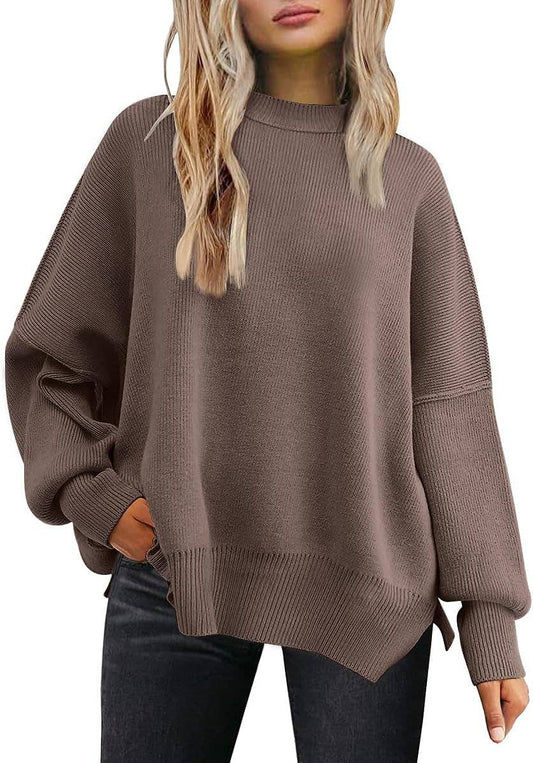 Crewneck Batwing Sleeve Chunky Sweaters 17 Colors: Brown / XL